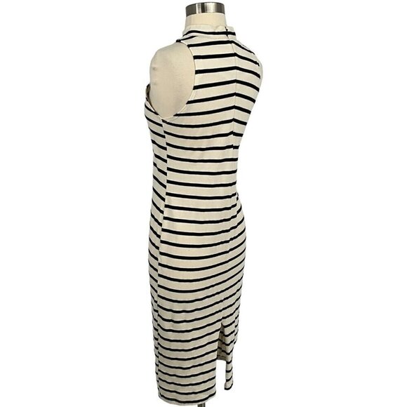 Monrow Size M Striped Midi Dress White Black Sleeveless Mock Neck Knee Length - Picture 3 of 11